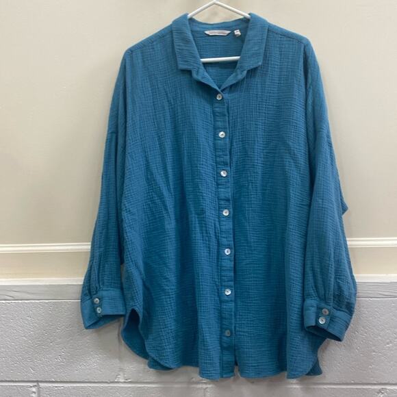 Soft Surroundings women’s size 2X plus size blue cotton button down shirt top - Picture 1 of 5